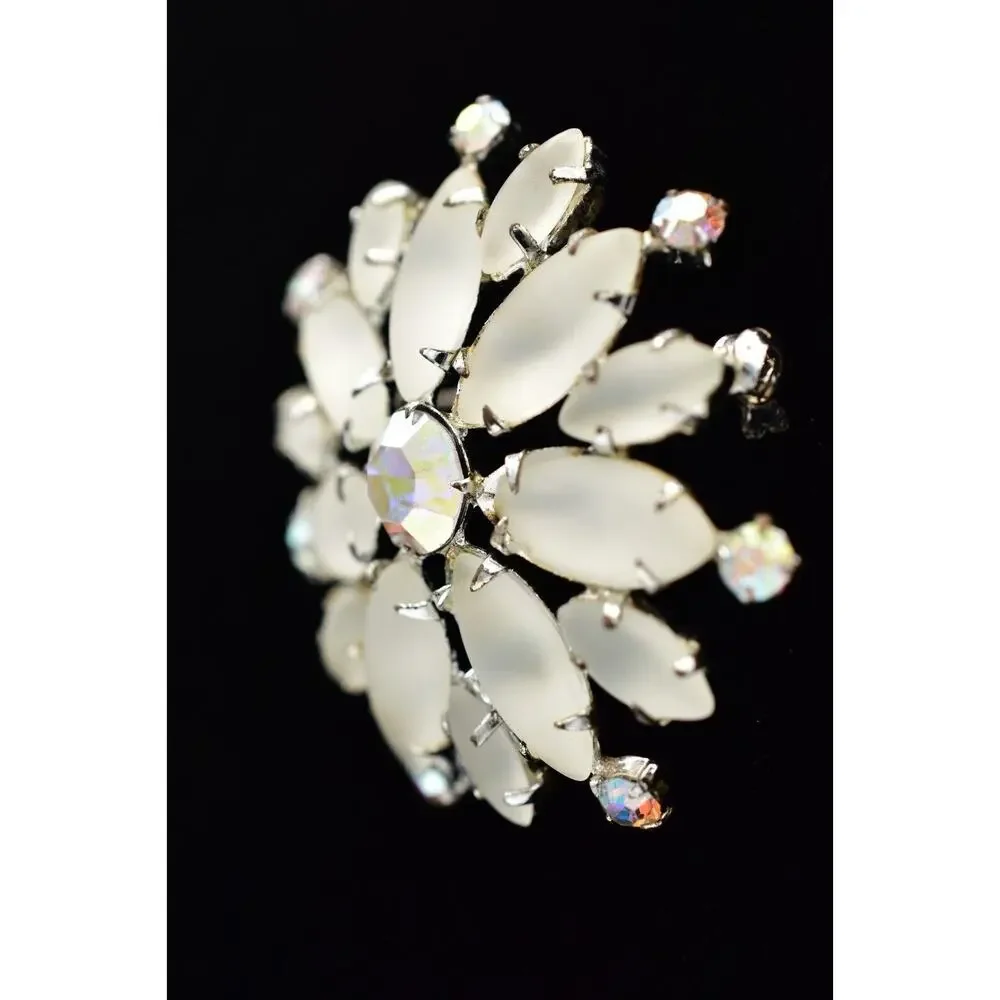 Vintage Crystal Flower Pin Brooch Frosted AB Rhinestone Prong Silver 1990s BinBG